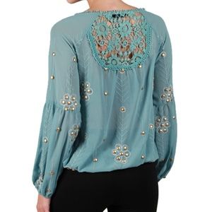 Ryu Teal Embroidered Crochet-Back Blouse with Pearl Accents